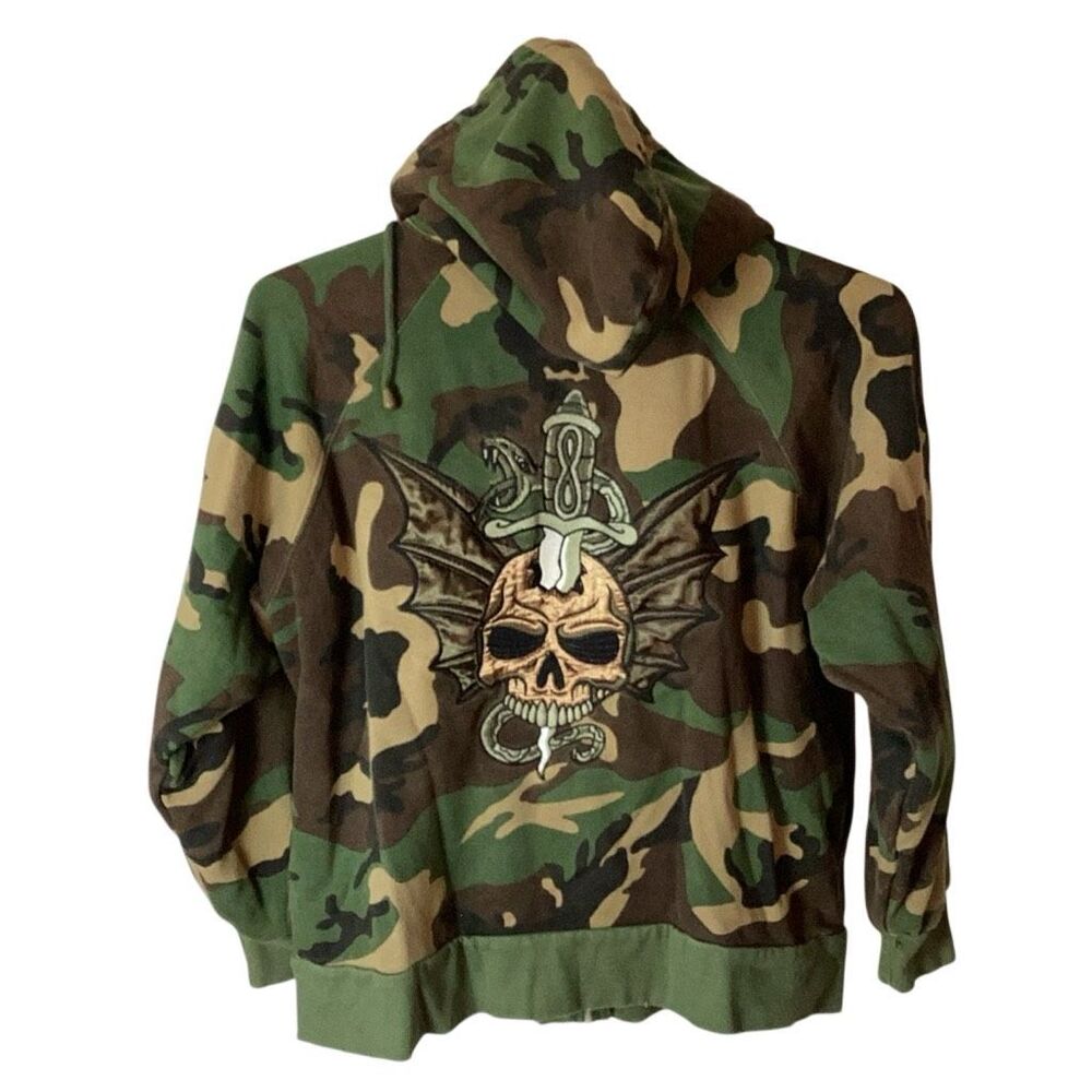 Edward Dada Y2K Camo Skull Dagger Embroidered Zip Hoodie L Made in USA Distresse